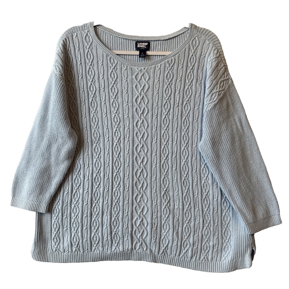 Lands' End Drifter Cable Knit Sweater‎ L Baby Blue Coastal Preppy Cottagecore